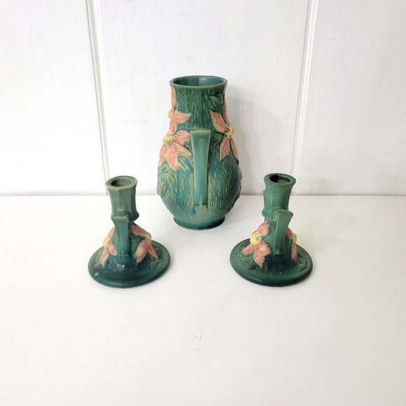 Roseville Clematis Pottery Candleholders and Vase - Picture 4 of 9